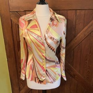 Emilio Pucci "silk" blouse French cuffs EXCEL VINTAGE condit yellow pinks brown